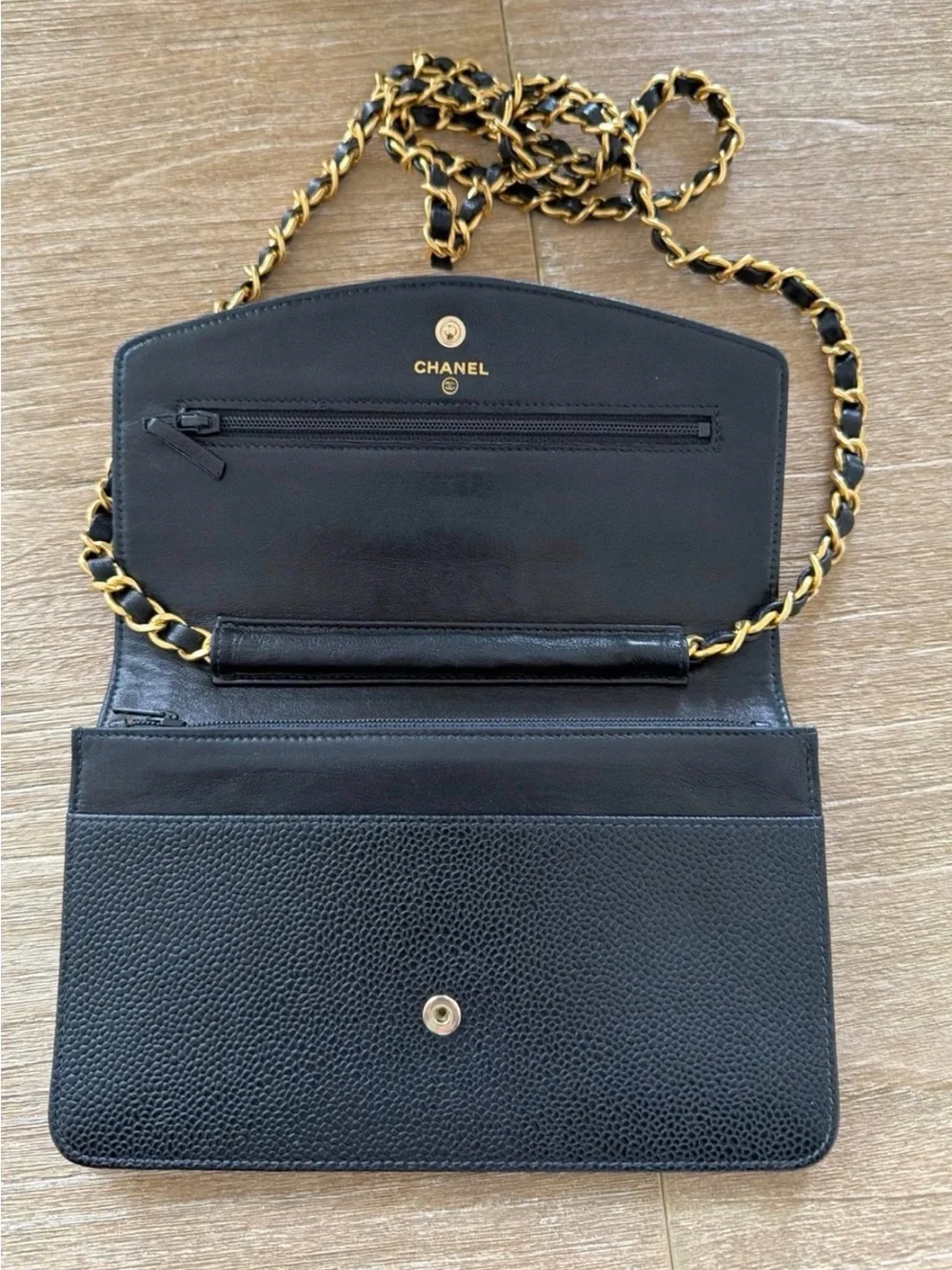 CHANEL Black Caviar Leather Flap Bag with Gold Chain WOC